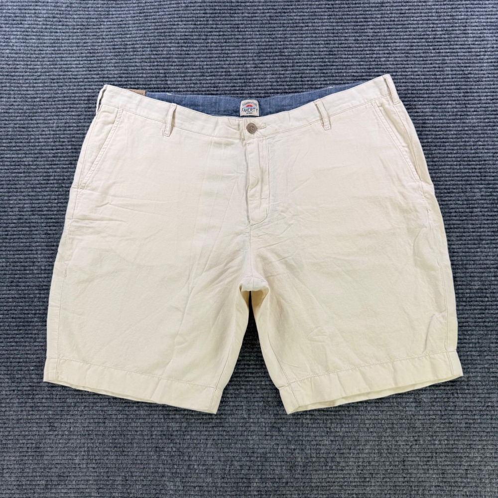 NEW Faherty Brand Cream Linen Blend Flat Front Shorts Mens 40 Casual 10" Inseam